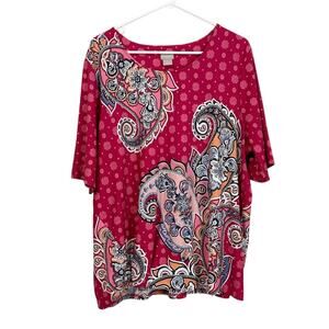 Chicos Paisley Twist Tee Women Size 3 XL Pink Berry Scoop Neck Stretchy